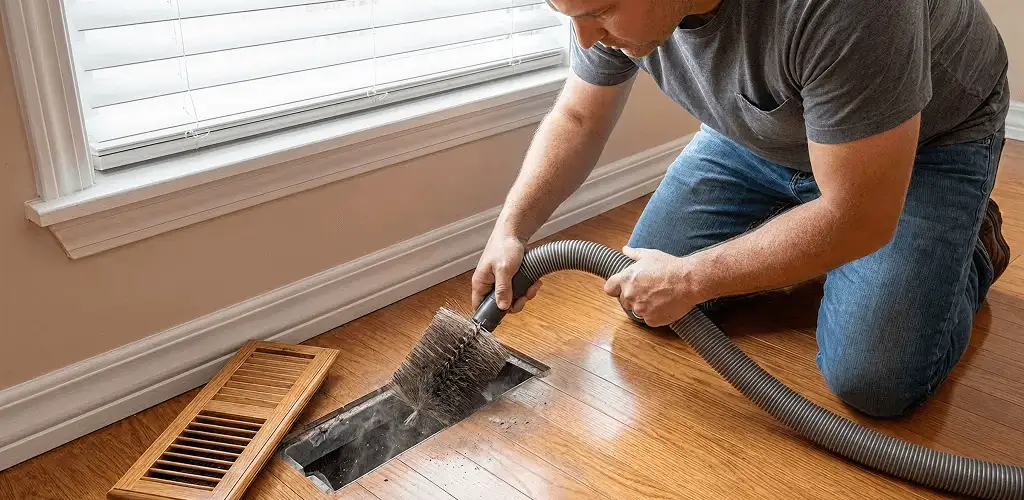 Air duct cleaning technician vacuuming a floor vent and duct opening in Evansville, IN