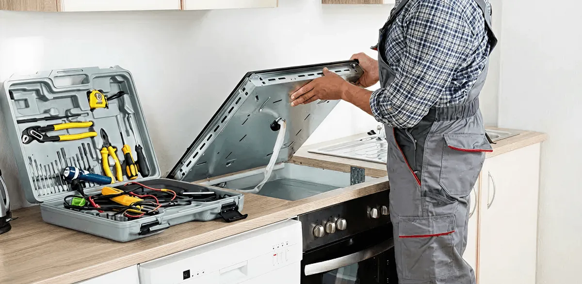 Handyman repairing a cooktop and checking wiring connections in Evansville, IN