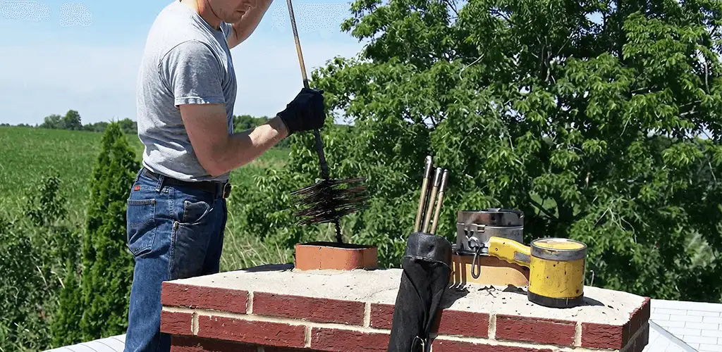 Chimney cleaning technician working on a rooftop chimney with professional tools in Evansville, IN