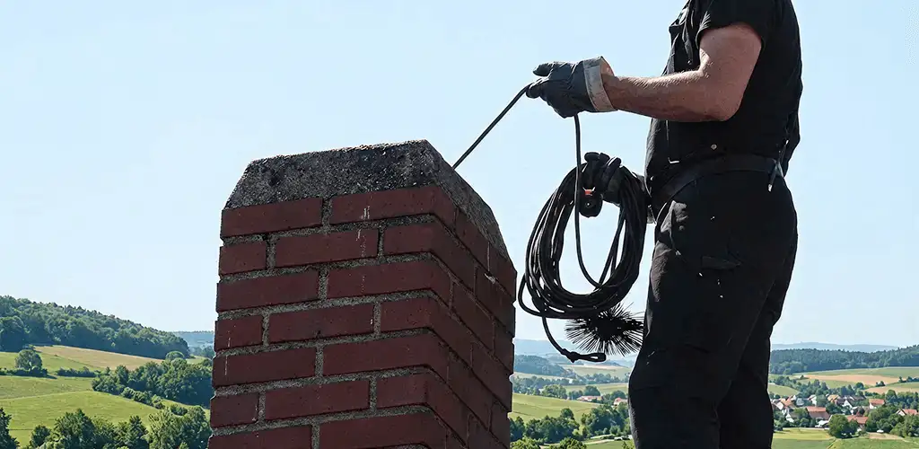 Chimney sweep inspecting and cleaning a rooftop chimney in Evansville, IN