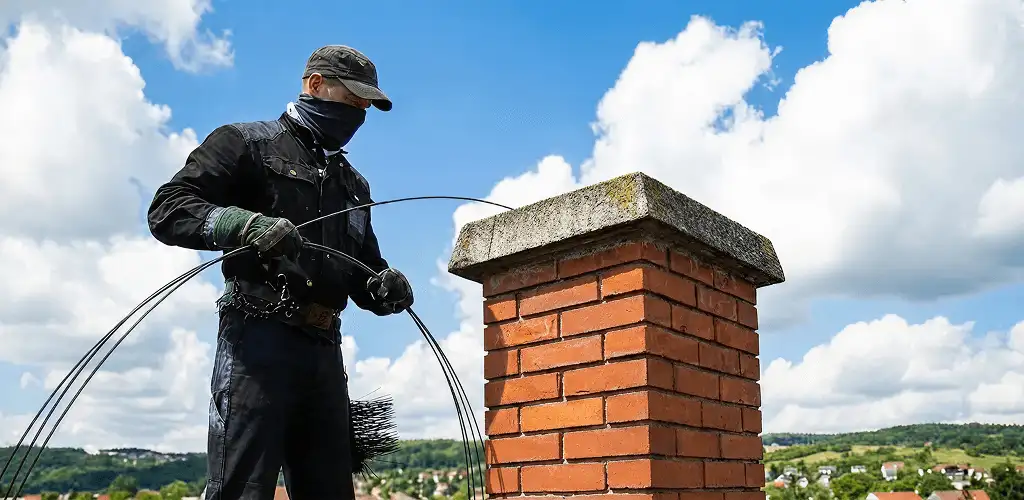 Chimney sweep cleaning a brick chimney with professional tools in Evansville, IN