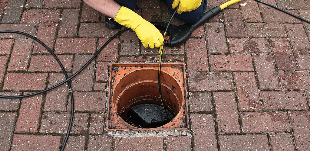 Drain cleaning technician using a drain snake to clear a clogged drain in Evansville, IN