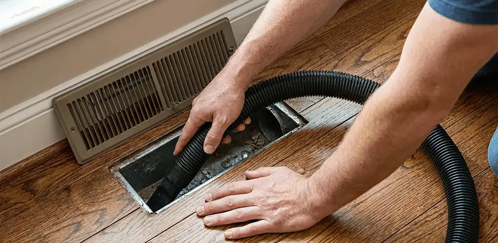 Air duct cleaning technician vacuuming a floor register and duct opening in Evansville, IN