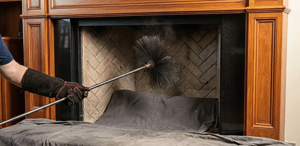 Chimney cleaning service brushing soot from a fireplace and flue in Evansville, IN