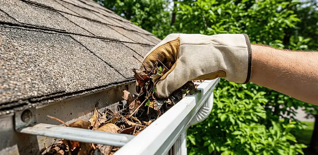 Gutter cleaning removing leaves and debris from roof gutters in Evansville, IN