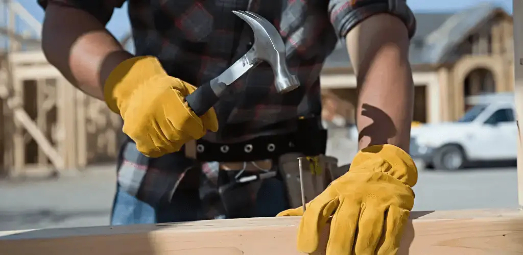 Handyman fixing wood trim with a hammer for home repairs in Evansville, IN