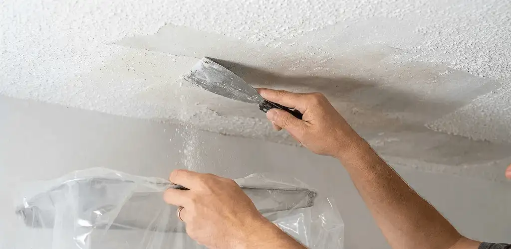 Popcorn ceiling removal technician scraping texture from a ceiling in Evansville, IN