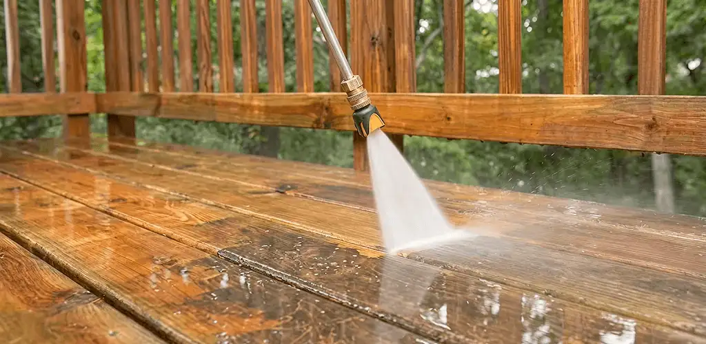 Pressure washing a wood deck to remove dirt and buildup in Evansville, IN