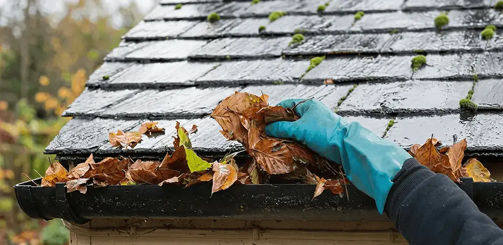 Gutter cleaning technician clearing wet leaves from roof gutters in Evansville, IN
