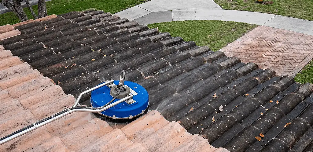 Roof pressure cleaning removing debris and buildup from roof tiles in Evansville, IN