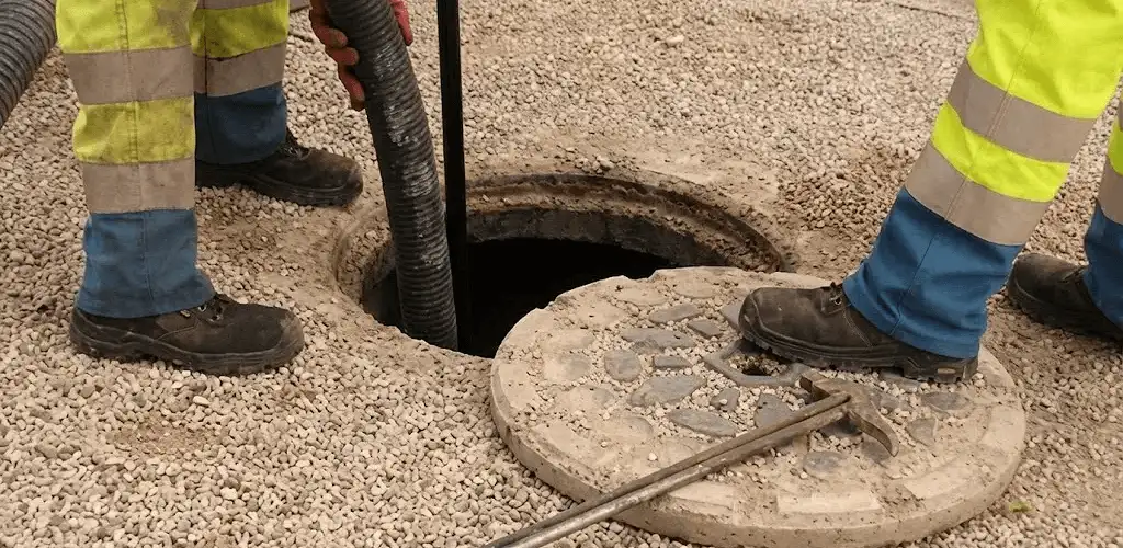 Drain cleaning crew clearing a sewer access point with professional equipment in Evansville, IN