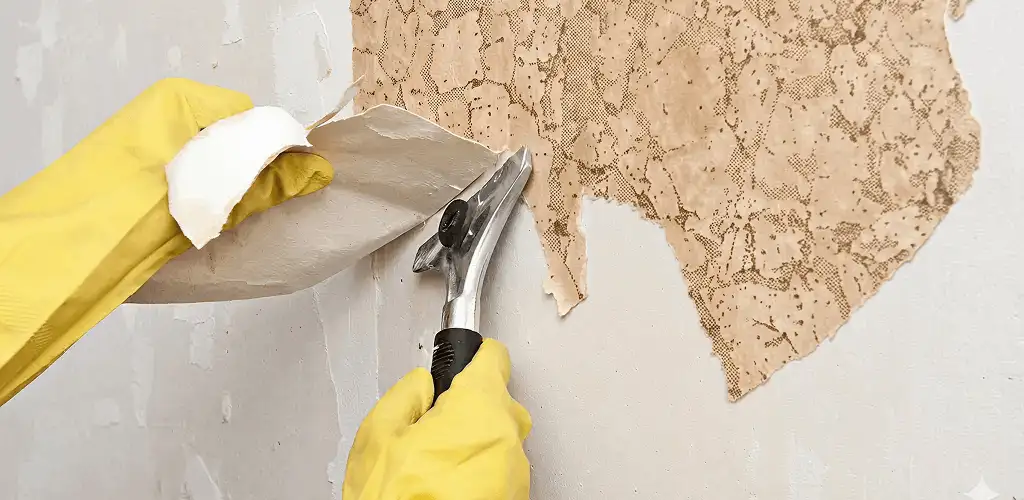 Wallpaper removal service stripping old wallpaper from a wall in Evansville, IN